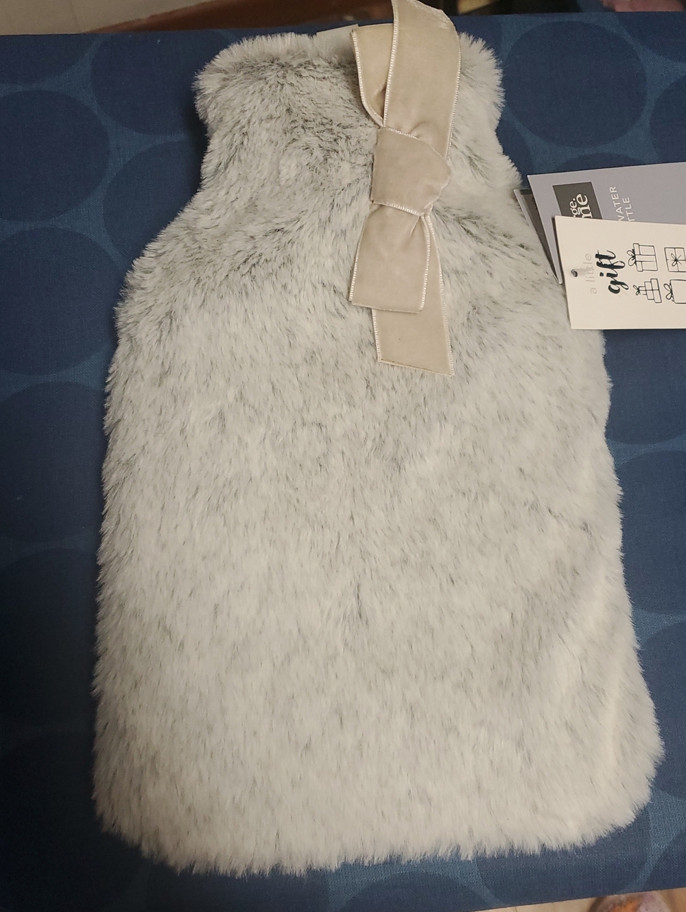 George Cream Faux Fur Hot Water Bottle Cover with Velvet Bow